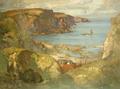 [An East Coast Fishing Village, possibly St Abbs, with Trawlers Anchored Offshore]