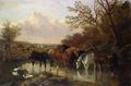 [Farmhorses Watering in a Wooded River Landscape]