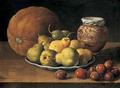 [Still Life with Pears on a Plate, a Melon, Plums, and a Decorated Manises Jar]